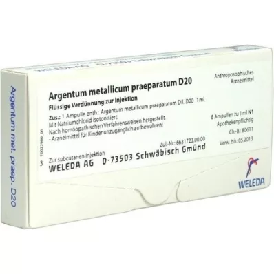 ARGENTUM METALLICUM praeparatum D 20 ampollas, 8 piezas