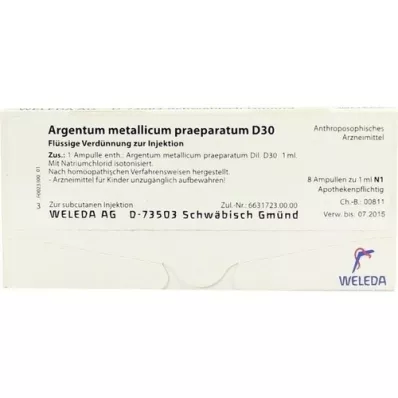 ARGENTUM METALLICUM praeparatum D 30 ampollas, 8 piezas