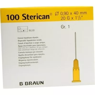 STERICAN Cánulas Luer-Lok 0,90x40 mm tamaño 1 amarillo, 100 piezas