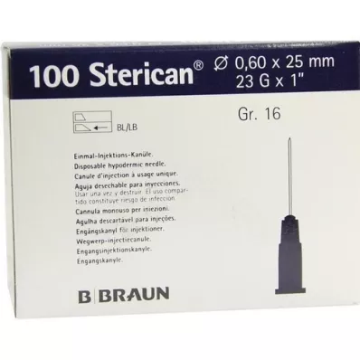 STERICAN Cánulas Luer-Lok 0,60x25 mm tamaño 16 azul, 100 piezas