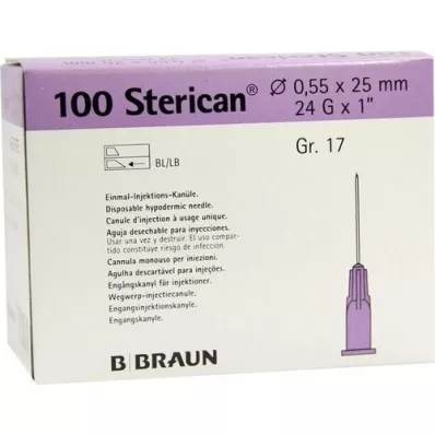 STERICAN Cánulas Luer-Lok 0,55x25 mm tamaño 17 violeta, 100 piezas STERICAN Cánulas Luer-Lok 0,55x25 mm tamaño 17 violeta, 100 piezas