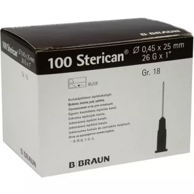 STERICAN Cánulas Luer-Lok 0,45x25 mm tamaño 18 marrón, 100 piezas