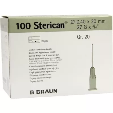STERICAN Cánulas Luer-Lok 0,40x20 mm tamaño 20 gris, 100 piezas