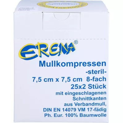 ERENA Compresa de gasa 7,5x7,5 cm estéril 8x, 25X2 uds