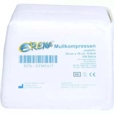 ERENA Compresa de gasa 10x10 cm no estéril 8x, 100 uds