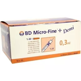 BD MICRO-FINE+ jeringa de insulina 0,3 ml U100 0,3x8 mm, 100 uds