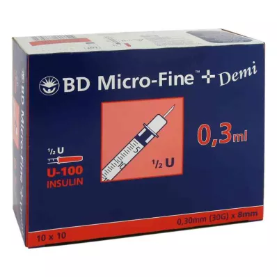 BD MICRO-FINE+ jeringa de insulina 0,3 ml U100 0,3x8 mm, 100 uds