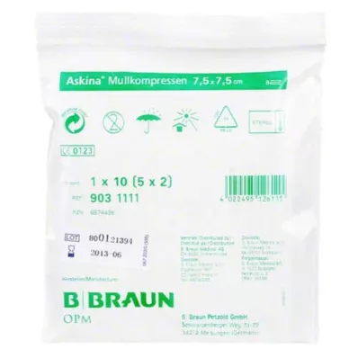 ASKINA Compresas de gasa 7,5x7,5 cm estériles, 5X2 uds