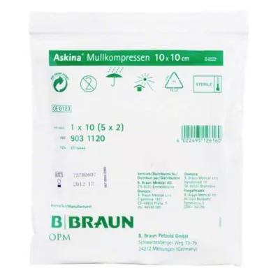 ASKINA Compresas de gasa 10x10 cm estériles, 5X2 uds