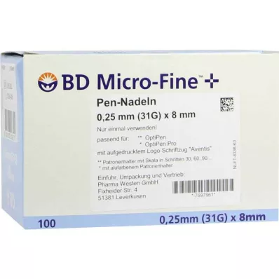 BD MICRO-FINE+ 8 agujas para bolígrafo 0,25x8 mm, 100 uds BD MICRO-FINE+ 8 agujas para bolígrafo 0,25x8 mm, 100 uds