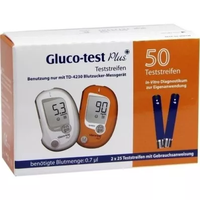 GLUCO TEST Tiras reactivas de glucosa en sangre Plus, 50 unidades