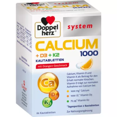 DOPPELHERZ Calcio 1000+D3+K2 sistema comprimidos masticables, 60 uds