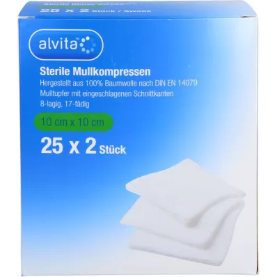 ALVITA Compresas de gasa estériles 10x10 cm, 25X2 uds