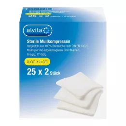 ALVITA Compresas de gasa estériles 5x5 cm, 25X2 uds