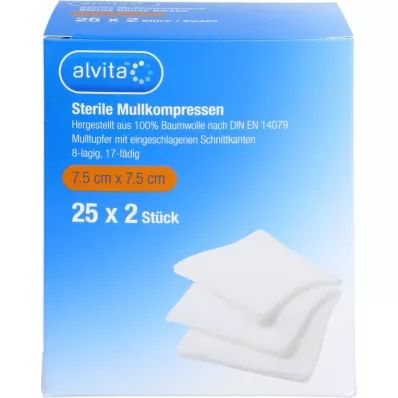 ALVITA Compresas de gasa estériles 7,5x7,5 cm, 25X2 uds