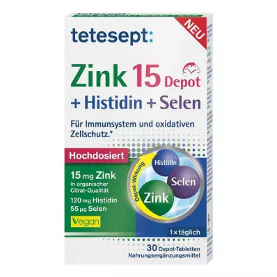 Tetesept Zinc 15 Depot + Histidina + Tabletas recubiertas de película de selenio, 30 ST